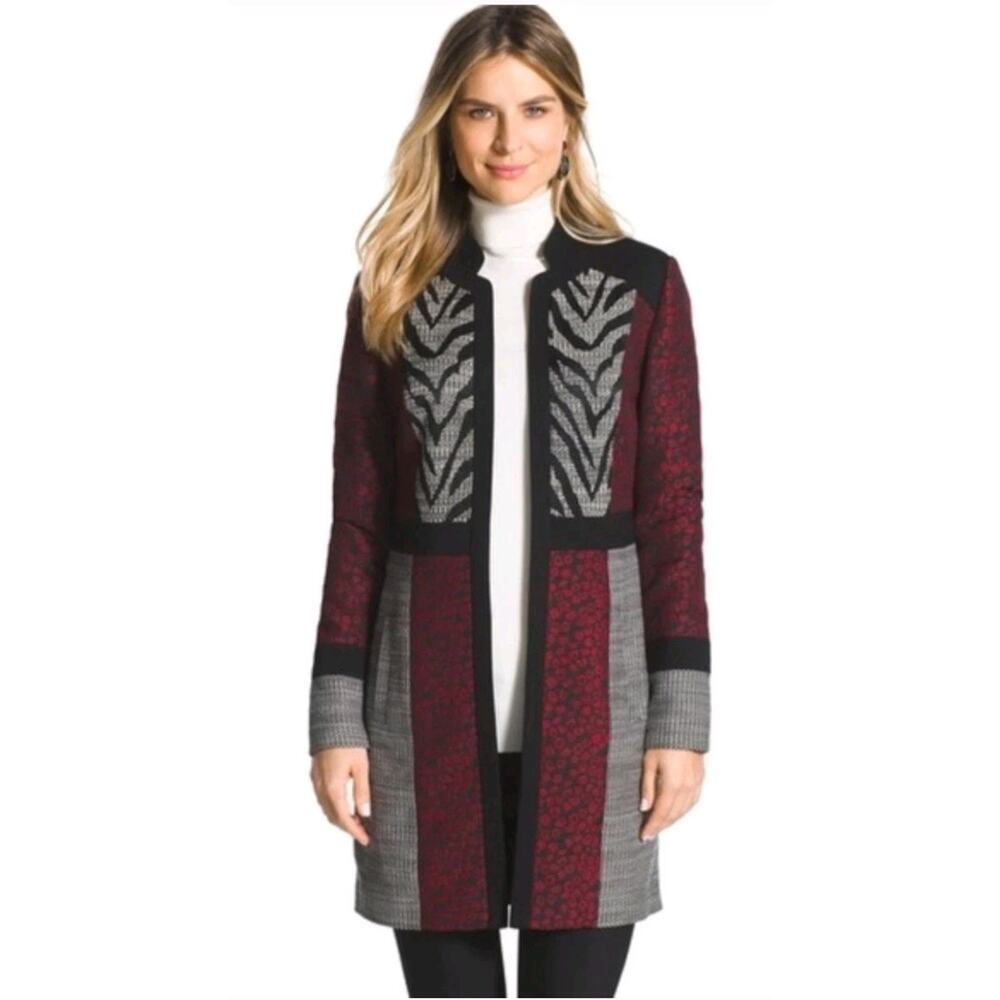 Chico's Sz 2 L Long Blazer Animal Patchwork Burgundy Lagenlook Steampunk Artsy